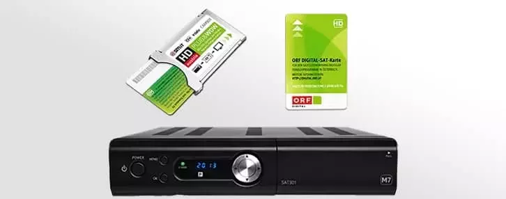 AT receiver with CI+ module and ORF digital SAT card for TV signal access.